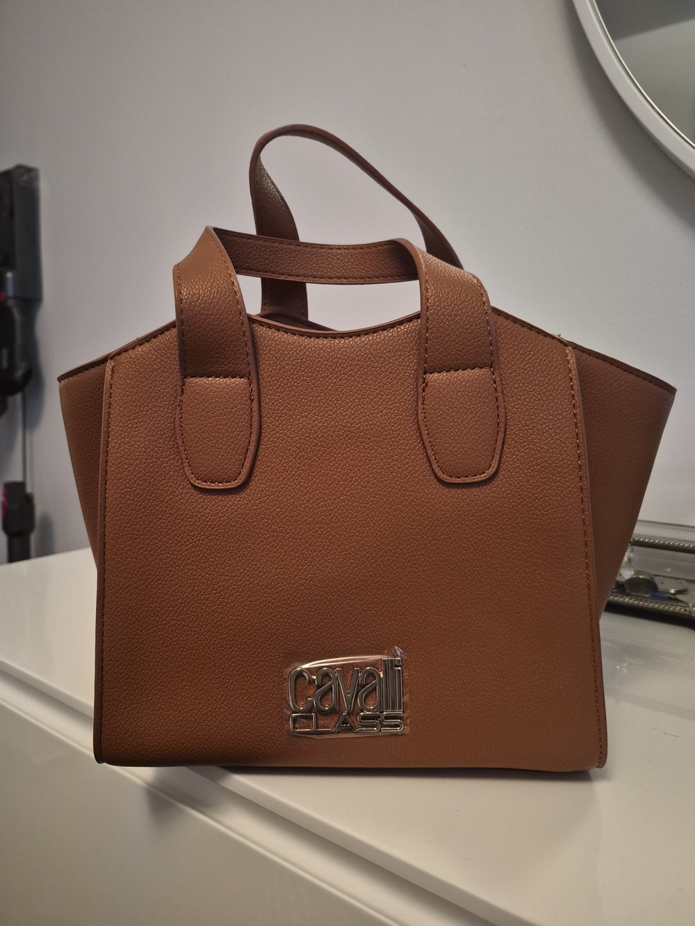Cavalli Class Chestnut Brown Structured Leatherette Tote